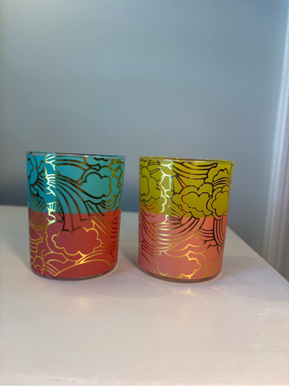 Set of 2 Colorful Cloud Pattern Glass Votives – Aqua & Yellow (HEAVY)